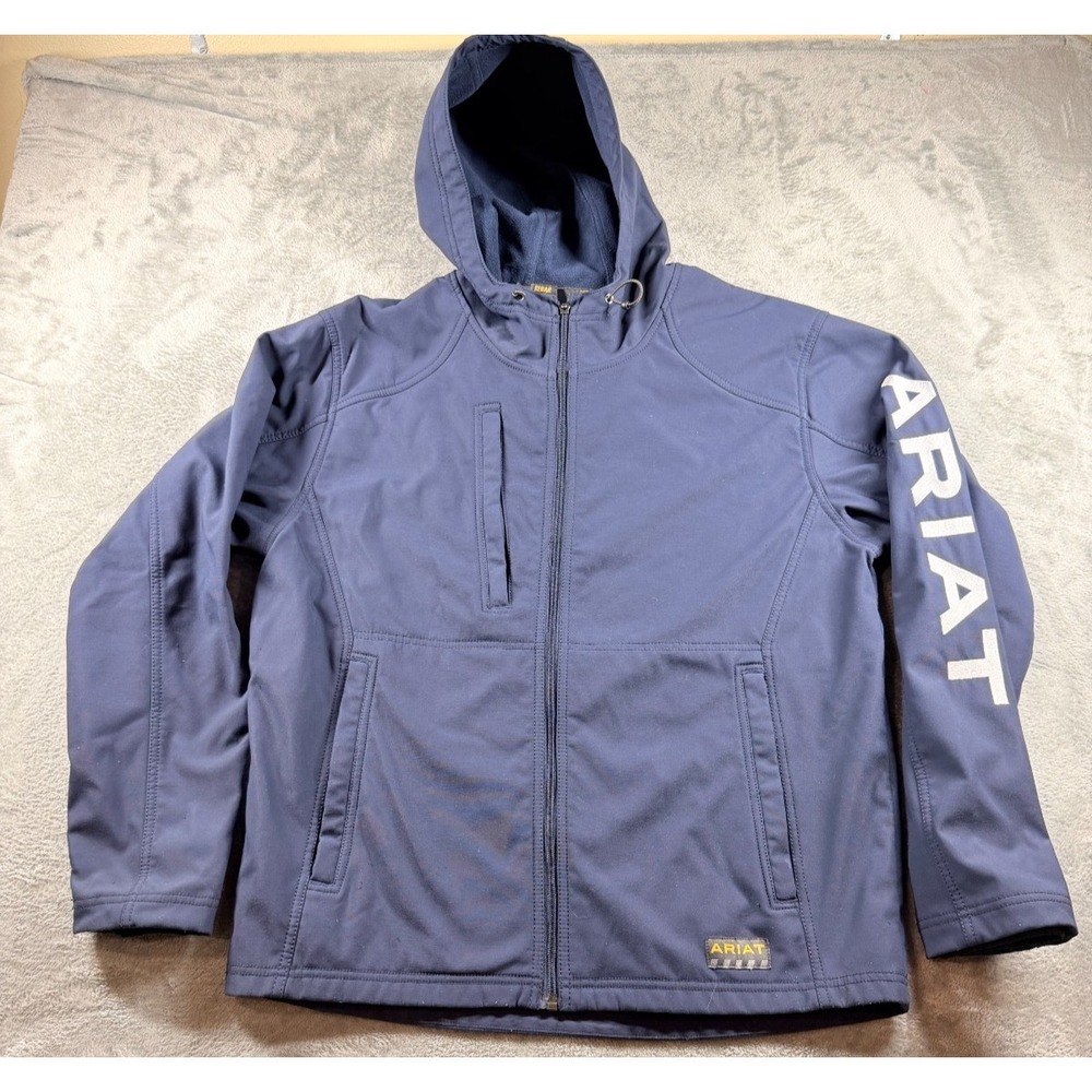 Ariat Rebar Hooded Work Jacket Mens L Blue Full Zip Fleece Lined Logo Sleeve